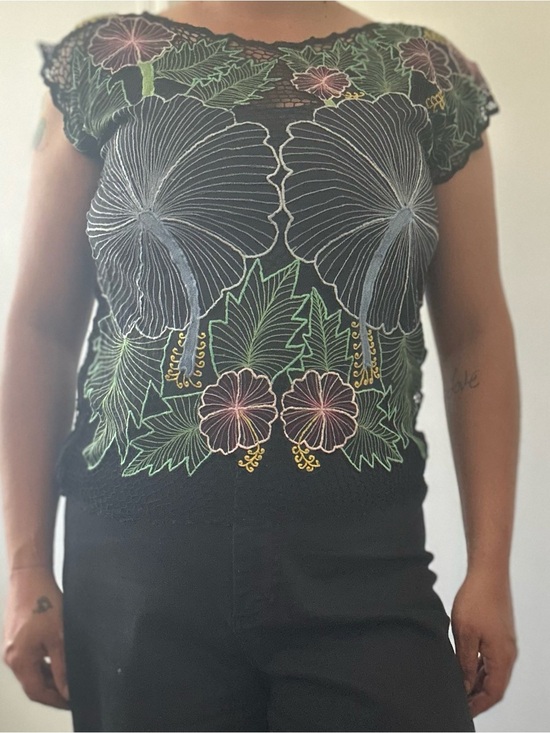 Handmade Tops - Black Floral Embroidered Lace Capped Sleeve Top